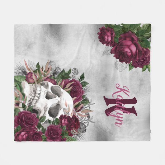 Skull-Rose Monogram Name Burgundy Gray Grunge Fleecedecke (Vorderseite (Horizontal))