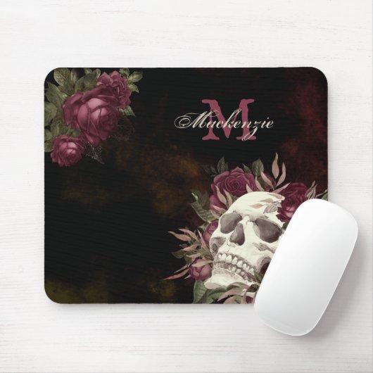 Skull-Rose Monogramm Name Burgundy Grunge Dunkel Mousepad (Mit Mouse)