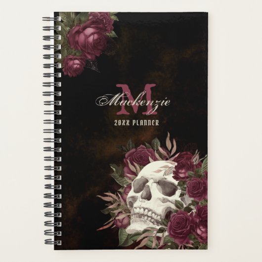 Skull-Rose Monogramm Name Burgundy Grunge Dunkel n Planer (Vorderseite)