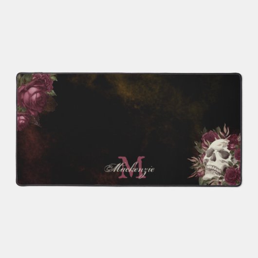 Skull-Rose Monogramm Name Burgundy Grunge Dunkel Schreibtischunterlage (Vorderseite)