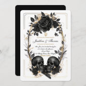 Skull-Rose Schwarz-weiße goldgotische Hochzeit Einladung (Vorne/Hinten)