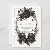 Skull-Rose Schwarz-weiße goldgotische Hochzeit Einladung (Vorderseite)