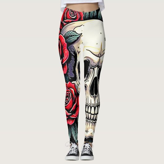 Skull Rose Tattoo Art Leggings (Vorderseite)