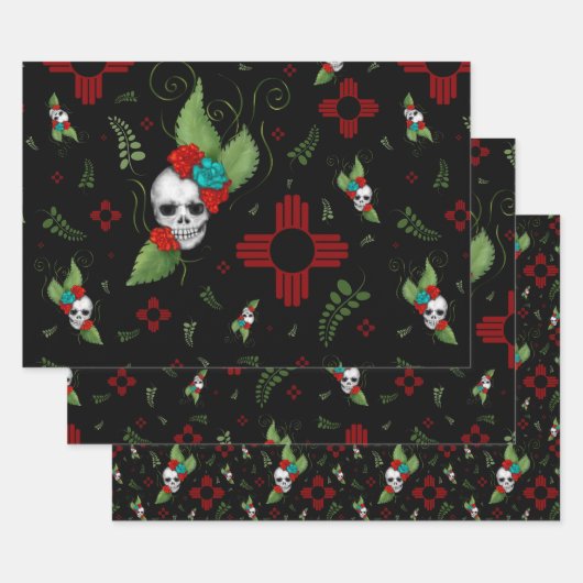 Skull Rose Zia Sun Greenerity Black New Mexico Geschenkpapier Set (Set)