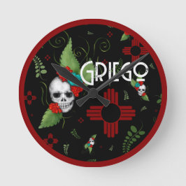 Skull Rose Zia Sun Greenerity Black New Mexico Runde Wanduhr