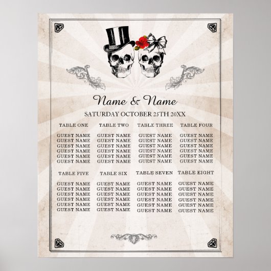 Skull Rote Rose 8 Tischplan Hochzeitsplakat Poster (Vorne)