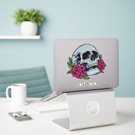 Skull-Rote Rosen Moderne Gotik Aufkleber (Laptop auf Schreibtisch)
