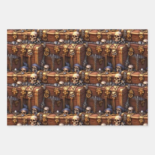 Skull Schatztruhe 3D-Braungold-Piratenthema Geschenkpapier Set (Vorderseite)