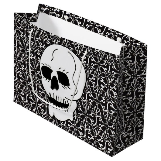 Skull Schwarz-weiß Damask Scrolls Große Geschenktüte (Vorderseite Schrägansicht)