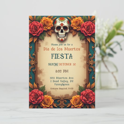 💀 🎉 Skull & Scrolls, die Día de Muertos Einladung (Stehend Vorderseite)