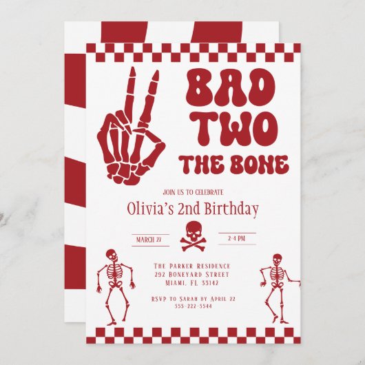 Skull Skeleton Bad to the Bone 2nd Birthday  Einladung (Vorne/Hinten)