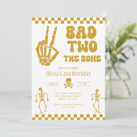 Skull Skeleton Bad to the Bone 2nd Birthday Einladung (Stehend Vorderseite)