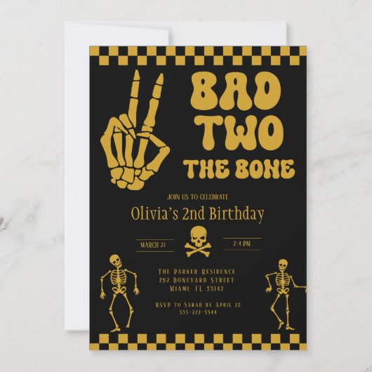 Skull Skeleton Bad to the Bone 2nd Birthday  Einladung (Vorderseite)