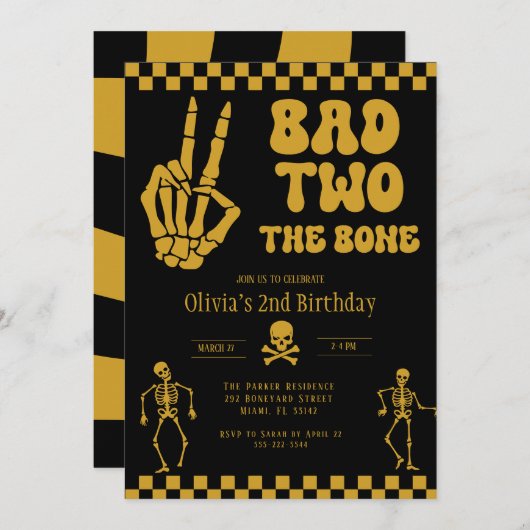 Skull Skeleton Bad to the Bone 2nd Birthday  Einladung (Vorne/Hinten)