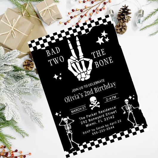 Skull Skeleton Bad to the Bone 2nd Birthday Einladung