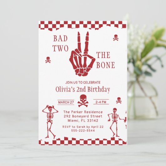 Skull Skeleton Bad to the Bone 2nd Birthday Einladung (Stehend Vorderseite)