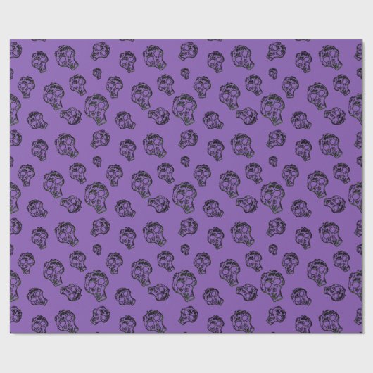 Skull Sketch Halloween Muster | Schwarz/Lila Geschenkpapier (Flach)
