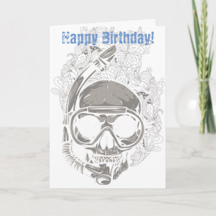 Skull Snorkeling, Scuba Diver Happy Birthday Karte
