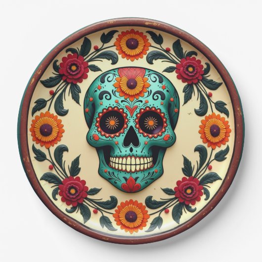 💀 🎉 Skull Swirl Serveware, die Día de los Muerto Pappteller (Vorderseite)