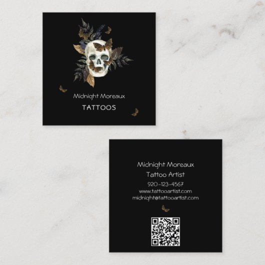 Skull Tattoo Artist QR Code Botanisch Quadratische Visitenkarte (Vorne/Hinten)