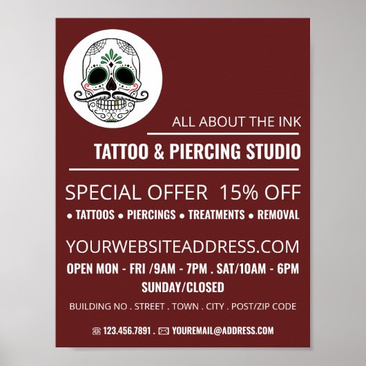 Skull Tattoo, Tattoo & Body Piercing Studio Anzeig Poster (Vorne)