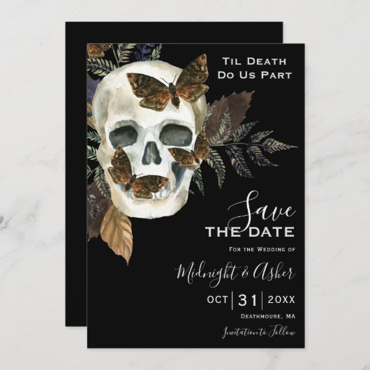 Skull Til Death macht uns Save the Date Teil Einladung (Vorne/Hinten)