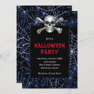 Skull und Crossbones Blue Cobweb Halloween-Party Einladung
