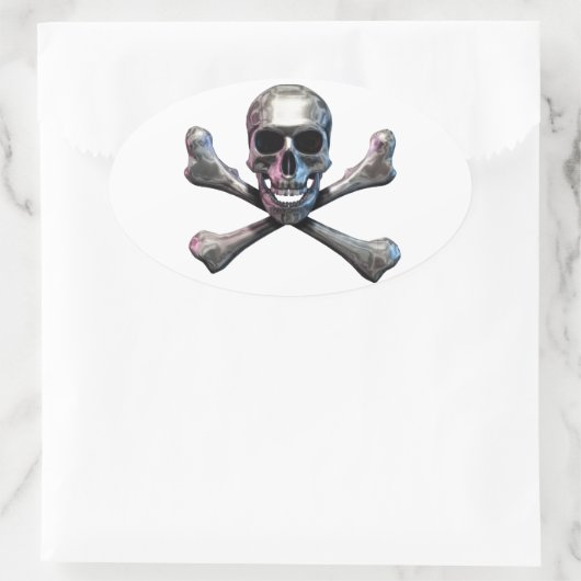Skull und Crossbones Chrome Ovaler Aufkleber (Tasche)
