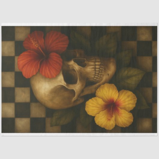 Skull und Hibiskus auf der Checkerboard-Dekoupage Seidenpapier (Vorderseite)