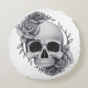 Skull und Rose Sketch Rundes Kissen