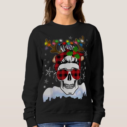 Skull Weihnachtsmannmütze Rentier Weihnachtsleucht Sweatshirt (Vorderseite)