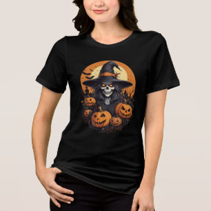 Skull Witch with Pumpkins Halloween Art Tri-Blend Shirt