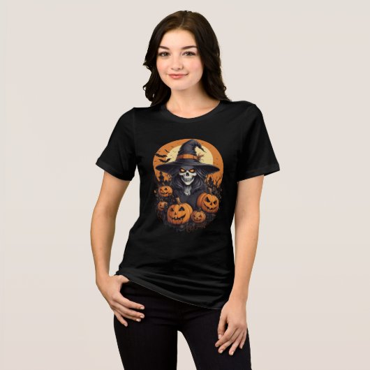 Skull Witch with Pumpkins Halloween Art Tri-Blend Shirt (Vorderseite voll)