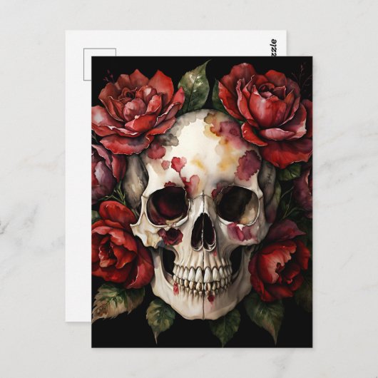 Skull WIth Rote Rosen Wasserfarbe Postkarte (Vorne/Hinten)