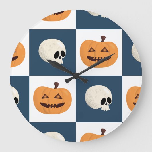 Skulls and Pumpkins Checks Große Wanduhr (Vorderseite)