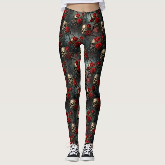 Skulls and Red Climbing Rose Leggings (Vorderseite)