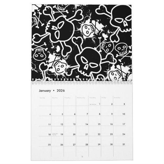 Skulls auf schwarzen nahtlosen Mustern.ai Kalender (Jan 2026)