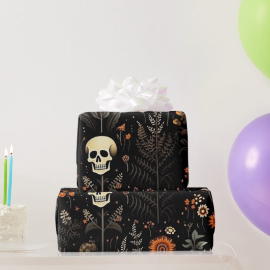 Skulls Blume und Grünes Schwarzes Halloween Geschenkpapier (Partygeschenke)