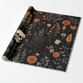 Skulls Blume und Grünes Schwarzes Halloween Geschenkpapier (Ungerollt)