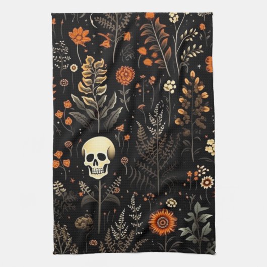 Skulls Blume und Grünes Schwarzes Halloween Geschirrtuch (Vertikal)