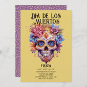Skulls Blume Yellow Dia de los Muertos Party Einladung (Vorne/Hinten)