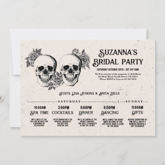 Skulls Brautparty Itinerary Bachelorette Rose Einladung (Vorderseite)