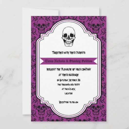 Skulls Damask lila, Halloween-Hochzeit Einladung (Vorderseite)