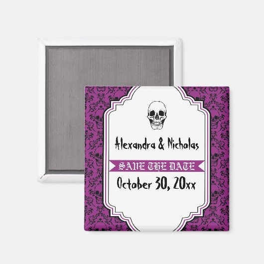 Skulls Damask lila, schwarze Hochzeit Save the Dat Magnet (Vorderseite/Rückseite)