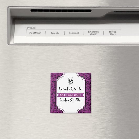 Skulls Damask lila, schwarze Hochzeit Save the Dat Magnet (In Situ (Geschirrspüler))
