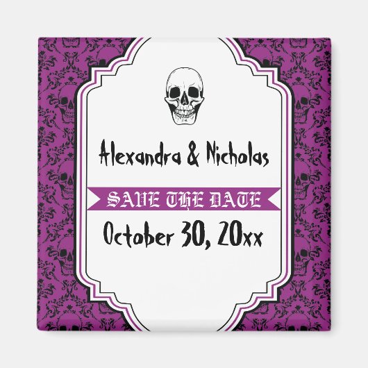 Skulls Damask lila, schwarze Hochzeit Save the Dat Magnet (Vorne)