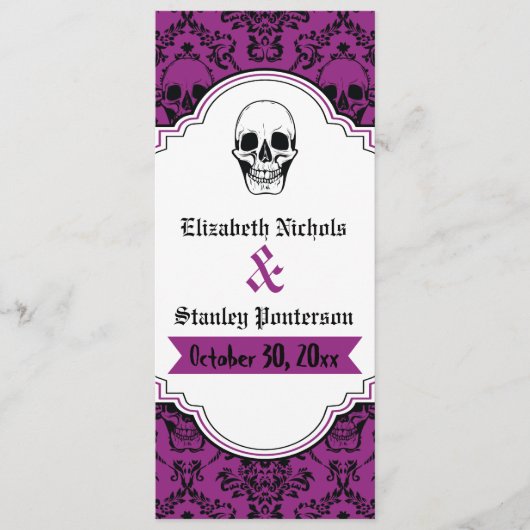 Skulls Damask lila, schwarzes Hochzeitsprogramm Programm (Vorderseite)