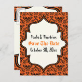 Skulls Damask Orangenschwarzes Halloween Save the  Ankündigungspostkarte (Vorne/Hinten)