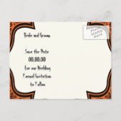 Skulls Damask Orangenschwarzes Halloween Save the  Ankündigungspostkarte (Rückseite)