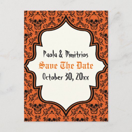 Skulls Damask Orangenschwarzes Halloween Save the  Ankündigungspostkarte (Vorderseite)